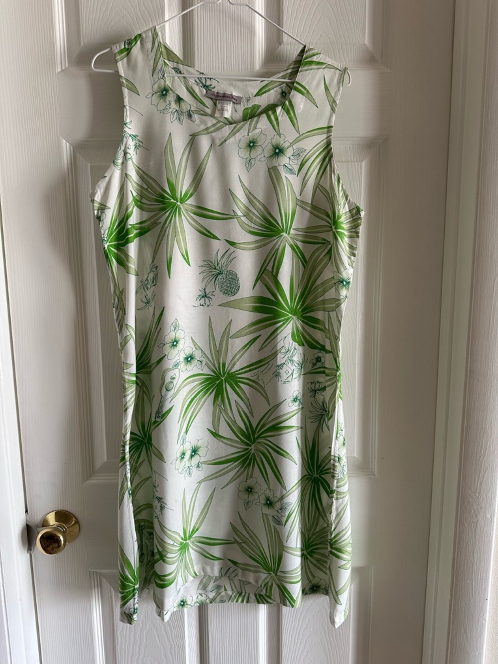 Peppermint Bay Sleeveless White Sundress Shift Dress with Green Tropical Print